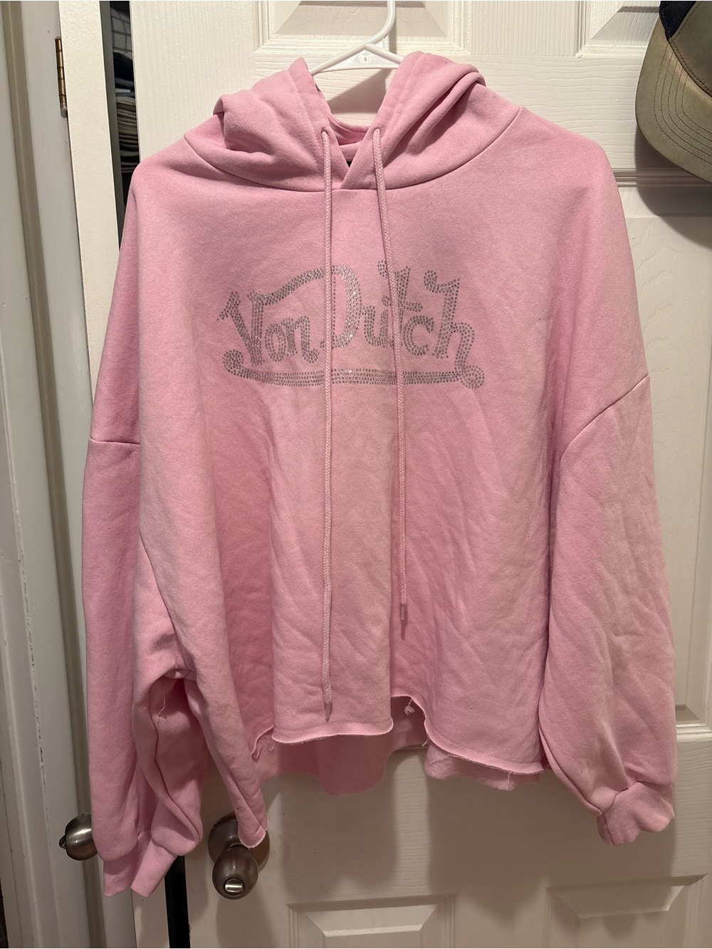 Von Dutch Pink Rhinestone Logo Crop Hoodie